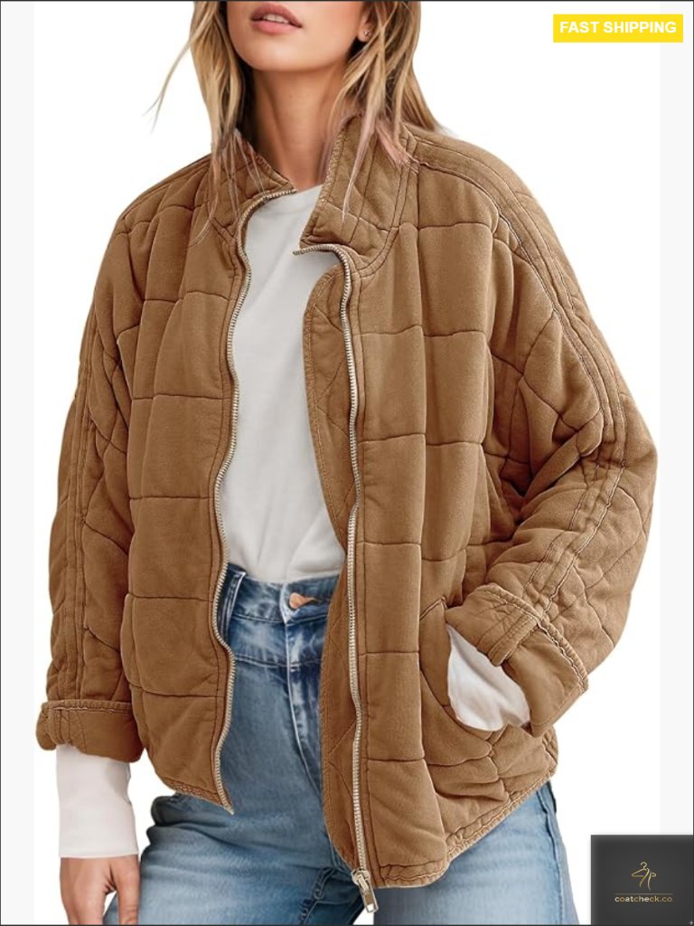 Women's Long Sleeve Full-Zip Quilted Jacket Coat Warm Outerwear Dolman Sleeve